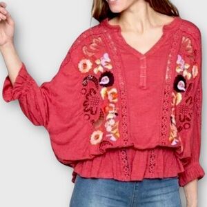 NEW Free People Embroidered Boho Peasant Blouse Top – Sangria‎ Combo Red Size XS